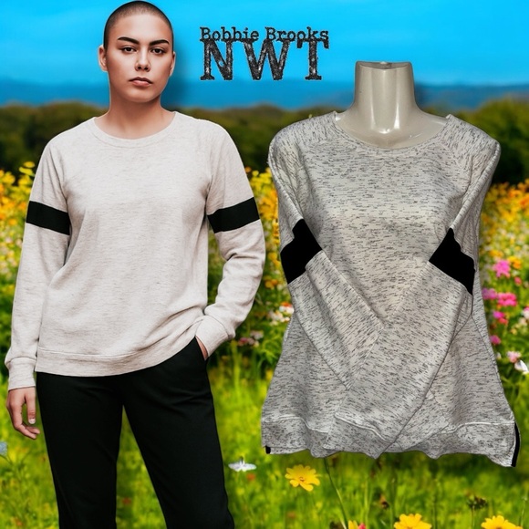 Bobbie Brooks NWT Sweatshirt Gray Heather Pullover Athleisure Arm Stripe Size L - Picture 13 of 16